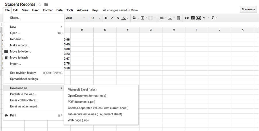 Image of Google Spreadsheets Download as CSV